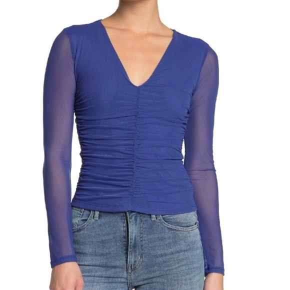Ten Sixty Sherman Tops - NWT Mesh Solid Print Ruched V-Neck‎ Top